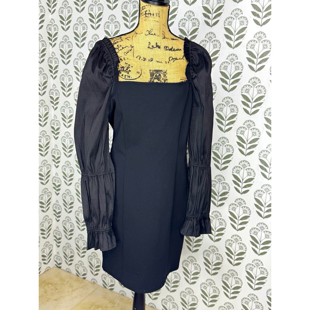 a loves a Black Chiffon Ruffle Shift Dress Square Neck Puff Long Sleeve L